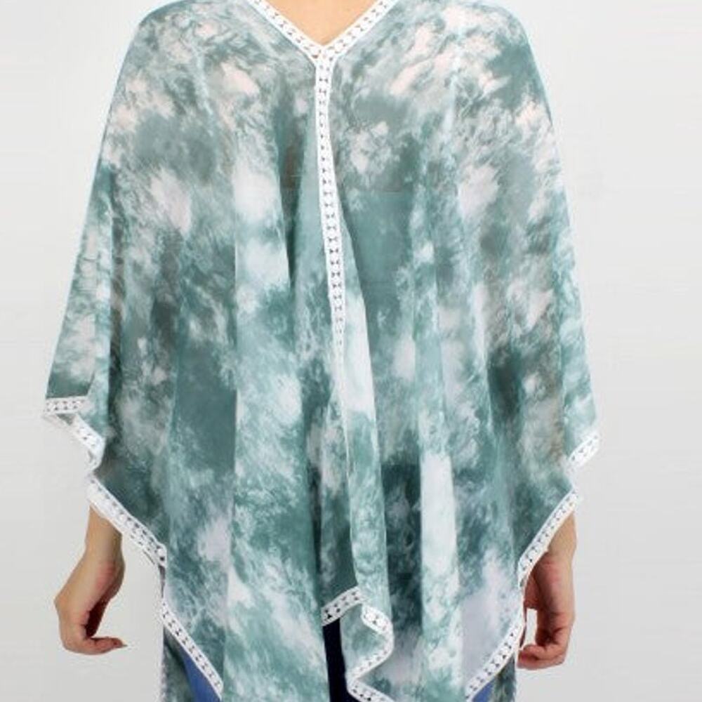 Tie-Dye Crochet Trim Poncho | Boho Beach Cover-Up | One Size | Green